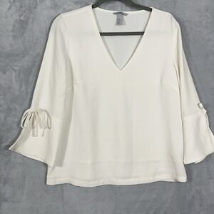 H&M Womens White Bell Sleeve Tie V Neck Blouse Top 8